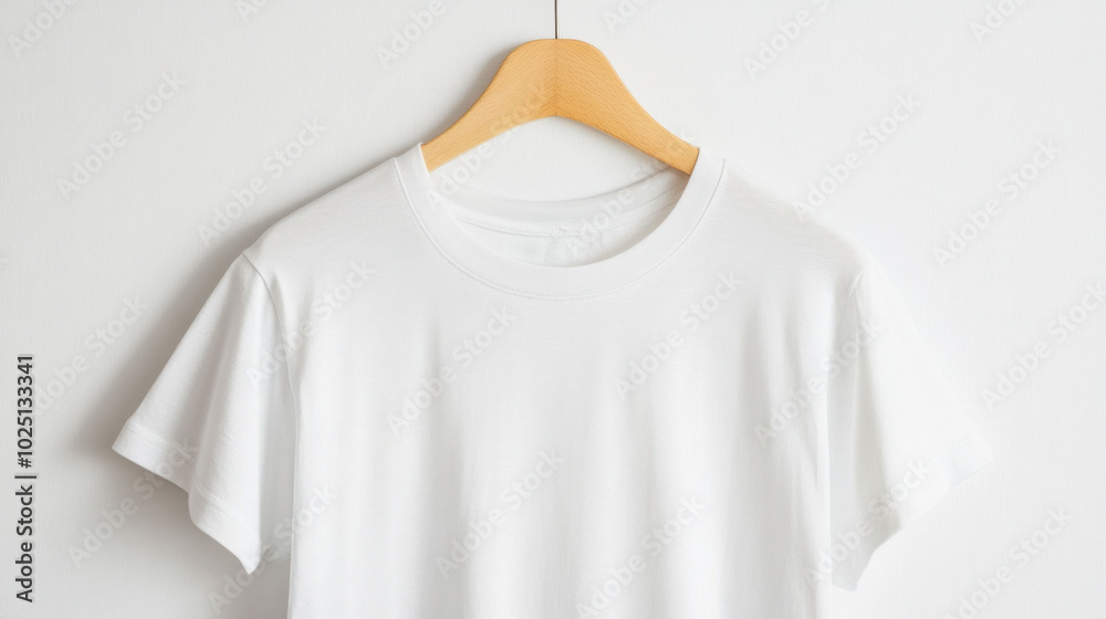 simple white crew neck t shirt is elegantly displayed on wooden hanger against clean background, showcasing its minimalist design and versatility simple white crew neck t shirt is elegantly displayed on wooden hanger against clean background, showcasing its minimalist design and versatility