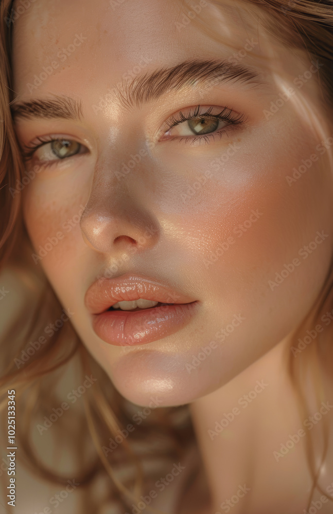 Fototapeta premium Portrait of smiling woman model posing in profile, close up of beautiful female, with healthy skin