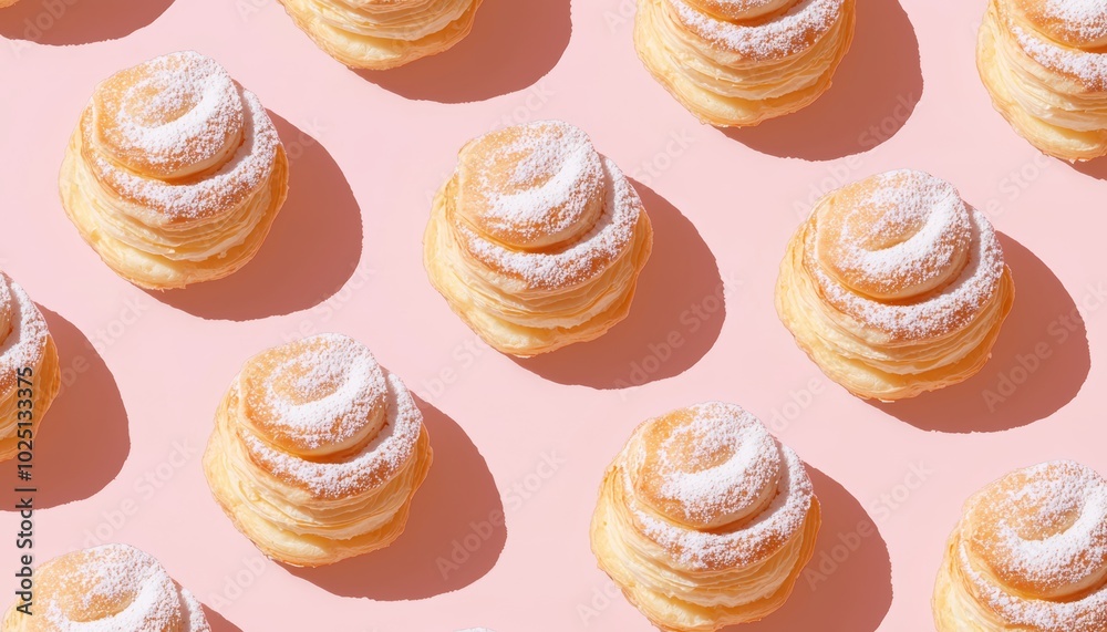 Repeating pattern of puff pastries with powdered sugar on a soft pink background, creating a light, elegant dessert-themed design Repeating pattern of puff pastries with powdered sugar on a soft pink background, creating a light, elegant dessert-themed design