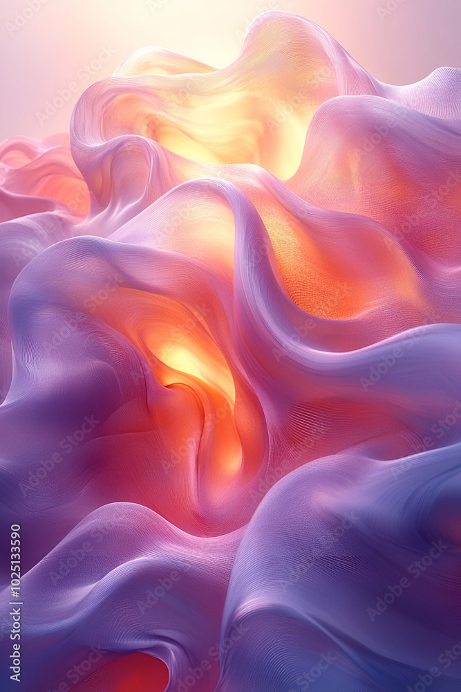 Obraz premium A colorful, abstract image of a flower with a yellow center. The flower is made up of many different shades of purple and pink, creating a sense of depth and movement