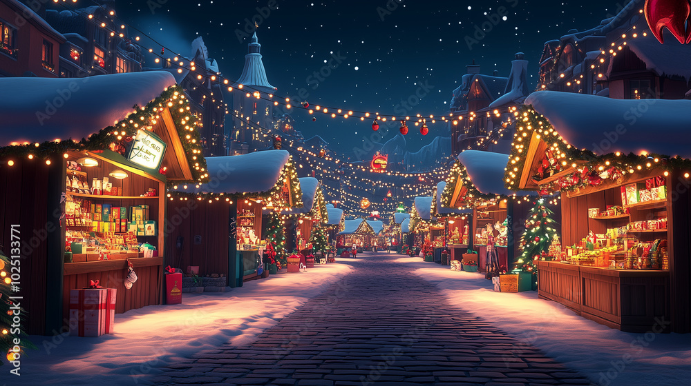 A cheerful cartoon Christmas market with cozy stalls, twinkling lights, and festive decorations. The night fair sparkles with joy and holiday cheer
A cheerful cartoon Christmas market with cozy stalls, twinkling lights, and festive decorations. The night fair sparkles with joy and holiday cheer