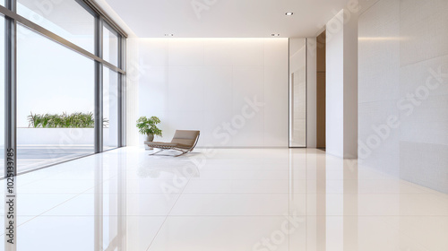 serene room with clean white tile floor, large windows, and modern chair creates tranquil atmosphere. natural light enhances minimalist design, inviting relaxation photo