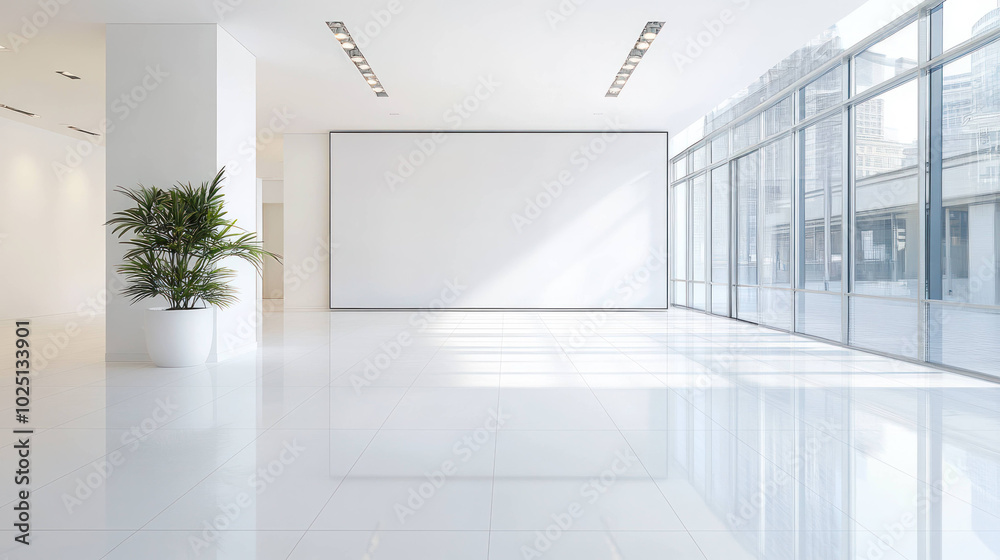 Bright and clean interior with white tile floor, featuring large windows that allow natural light to fill space. potted plant adds touch of greenery to minimalist design Bright and clean interior with white tile floor, featuring large windows that allow natural light to fill space. potted plant adds touch of greenery to minimalist design