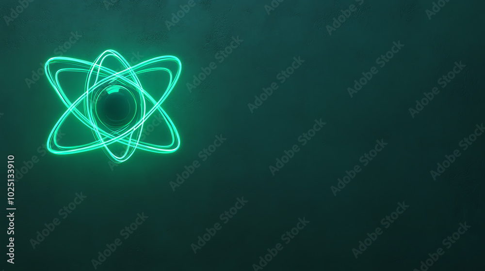 Abstract glowing atom design in green against a dark background, symbolizing energy and modern technology, ideal for scientific and educational projects.