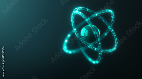 A stylized illustration of an atom with glowing particles and orbits on a dark background, representing concepts of atomic structure and energy.