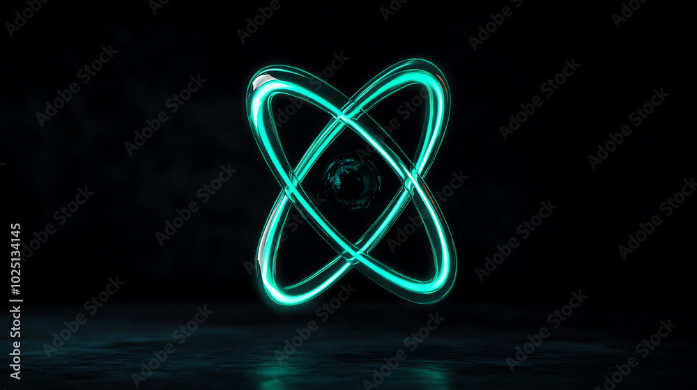 Abstract representation of an atom symbol with glowing turquoise lines ...