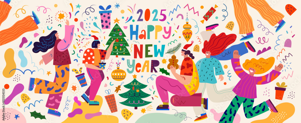 Fototapeta premium 2025 Happy New Year.. 2025 vector illustration with funny people characters. New Year holiday decorative card. People celebrate the New Year. New Year holiday background