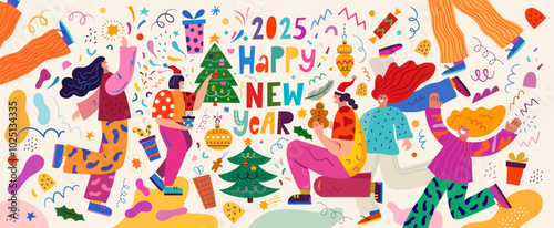 2025 Happy New Year.. 2025 vector illustration with funny people characters. New Year holiday decorative card. People celebrate the New Year. New Year holiday background