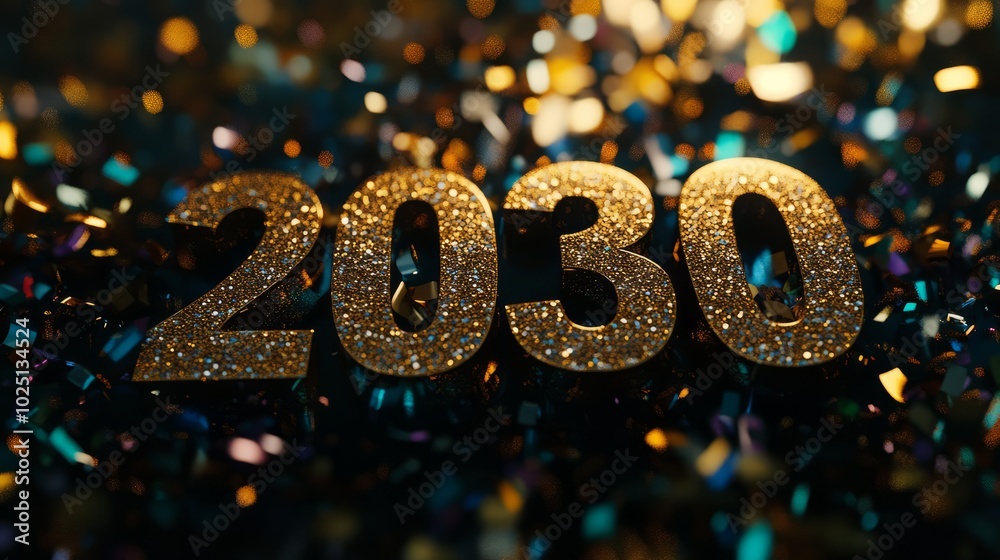 Glittering into the Future: A celebration of the new year, 2030, with gold glitter numbers amidst a shower of confetti, capturing the anticipation and excitement of a new decade. Glittering into the Future: A celebration of the new year, 2030, with gold glitter numbers amidst a shower of confetti, capturing the anticipation and excitement of a new decade.