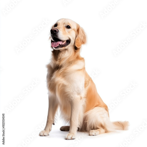 Golden retriever sitting, isolated on white background, looking happy and friendly