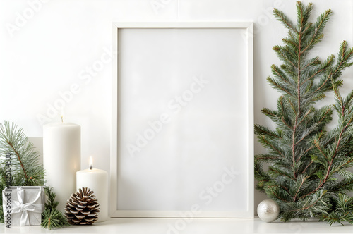 A seasonal display featuring a blank picture frame for wall art mockup, surrounded by greenery, candles, and festive decorations during the winter holiday season photo