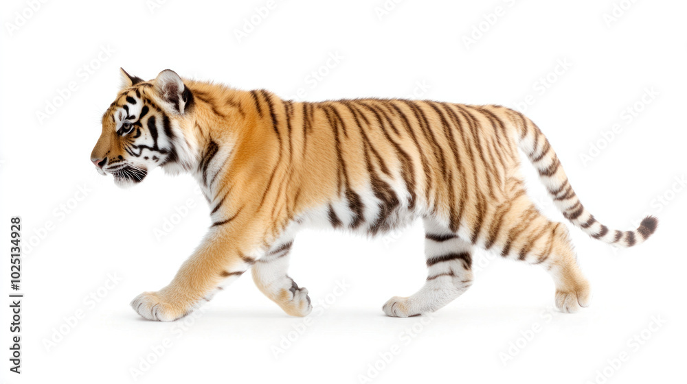 Fototapeta premium tiger walking gracefully on white background, showcasing its striking stripes and powerful form