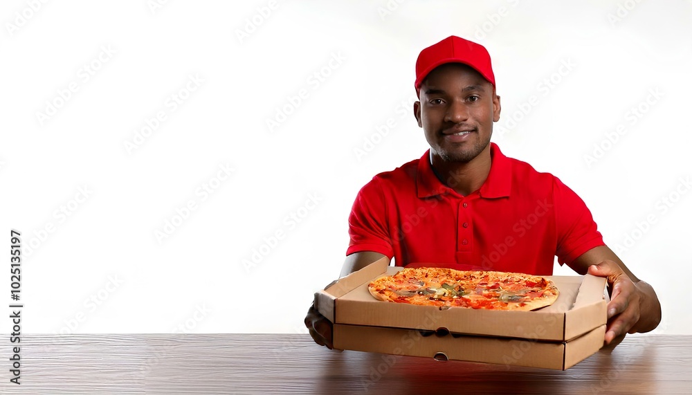 delivery man with boxes of tasty pizza sitting at table on white background; banner design