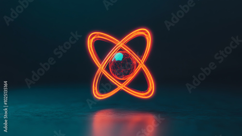 A glowing atom model with swirling electrons in vibrant orange and blue colors against a dark background.