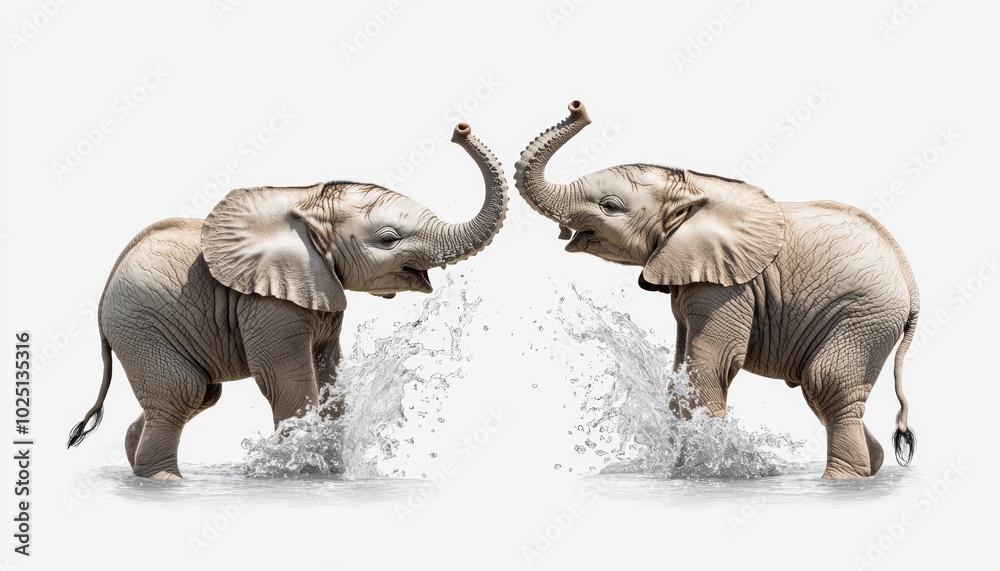 Fototapeta premium Playful baby elephants splashing water, on a light gray background, bringing a fun and cute element to the design