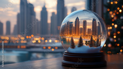 summer sunset dubai beach skyscrapers and palm trees in snow globe on wooden table near christmas tree