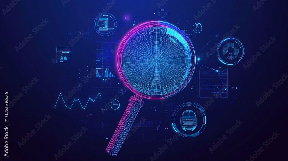 Obraz premium Regulation Compliance and Financial Control: Law, Policy, and RegTech Solutions with Wireframe Hand and Magnifying Glass Icons for Oversight and Data Privacy