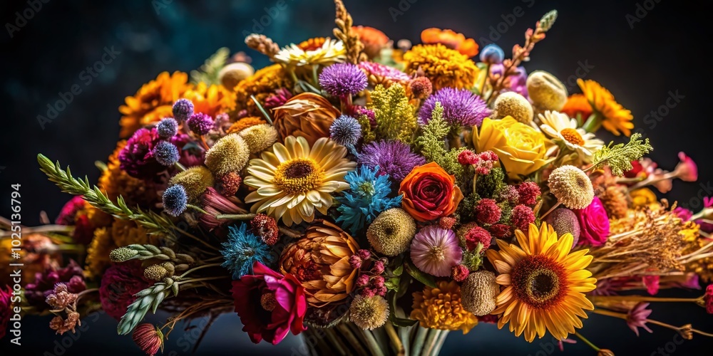 Dried Colorful Flower Bouquet on Dark Background with Shallow Depth of Field for Elegant Home Decor and Floral Dried Colorful Flower Bouquet on Dark Background with Shallow Depth of Field for Elegant Home Decor and Floral