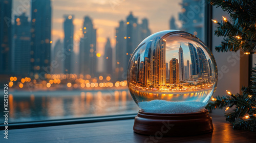 summer sunset dubai beach skyscrapers and palm trees in snow globe on wooden table near christmas tree