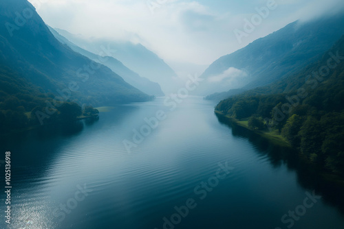 Serene lake surrounded by mountains from above