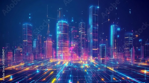 Smart Digital City Concept: Urban Architecture with High Towers Representing the Future City through Virtual Reality and Abstract Digital Buildings in a Modern Technology Vector Illustration.