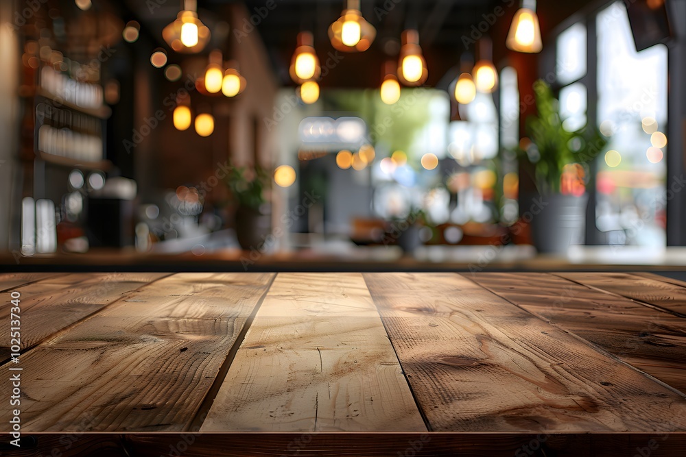 Cozy Café Ambiance with Rustic Wooden Table and Warm Lighting