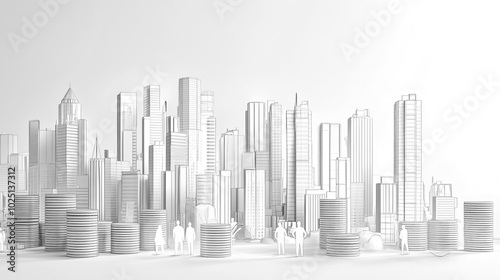 A digital illustration depicting coins and stacks, with city buildings, business icons, and people silhouettes illustrated in white lines on a light background.