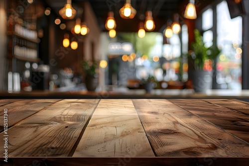 Cozy Café Ambiance with Rustic Wooden Table and Warm Lighting