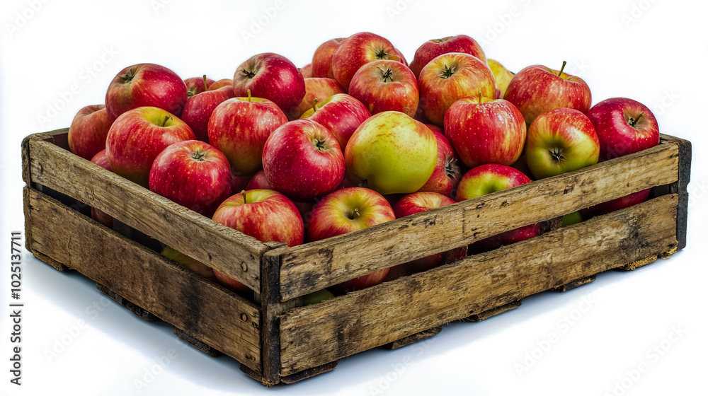 A new wooden box filled with fresh apples, isolated on a white background. A new wooden box filled with fresh apples, isolated on a white background.