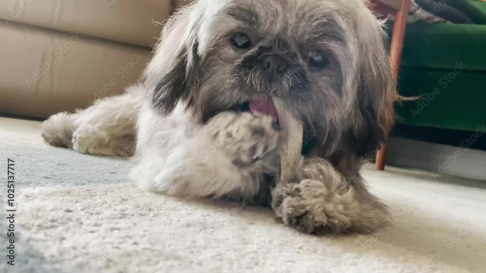 A puppy chewing on a bone