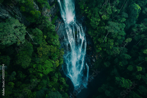 Aerial shot of a waterfall in a lush jungle photo