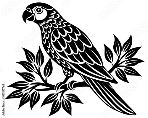 tropical stencil  parrot with tree branch silhouette illustration