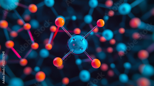 A vibrant illustration of a molecular structure showcasing colorful atoms on a dark background, representing the essence of chemistry and science. photo