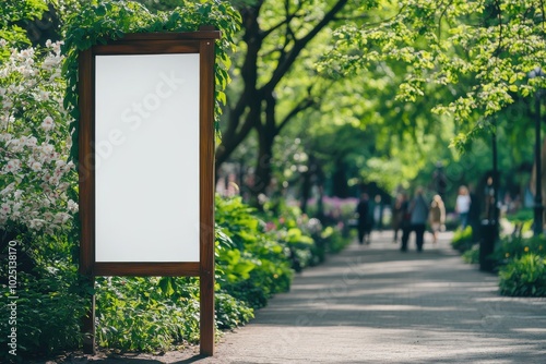 Fototapeta Naklejka Na Ścianę i Meble -  Blank wooden signboard in a lush green park setting