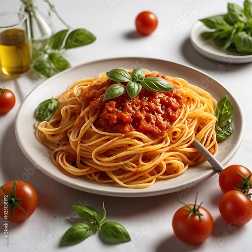 Delicious juicy pasta with Tomato Sauce with some salad served and plate pasta dish