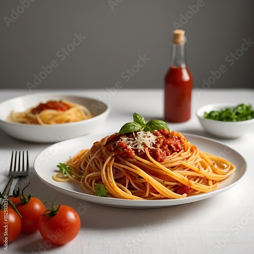 Delicious juicy pasta with Tomato Sauce with some salad served and plate pasta dish