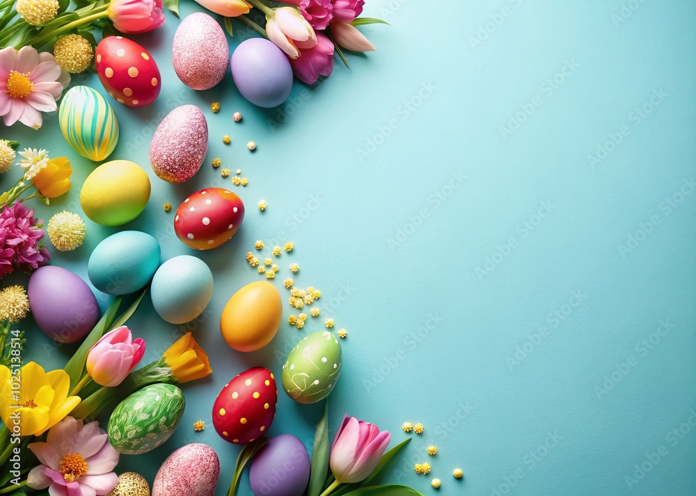 Easter Eggs and Spring Flowers on Pastel Blue Background for Seasonal Celebrations Easter Eggs and Spring Flowers on Pastel Blue Background for Seasonal Celebrations