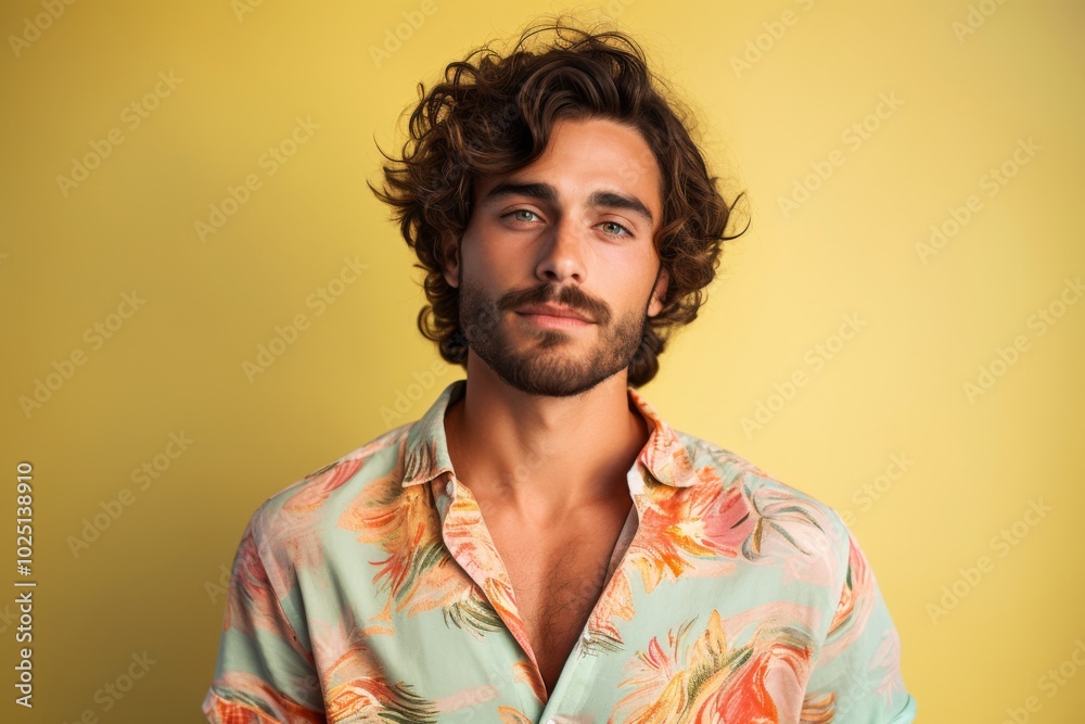 A man with a beard and a floral shirt is smiling for the camera A man with a beard and a floral shirt is smiling for the camera
