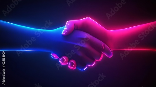 Handshake in Digital Futuristic Style: A Vector Illustration Representing Partnership, Collaboration, and Teamwork with Light Effects and Neon Accents