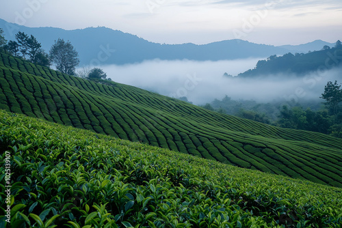 Serene Tea Plantation Landscape with Foggy Morning