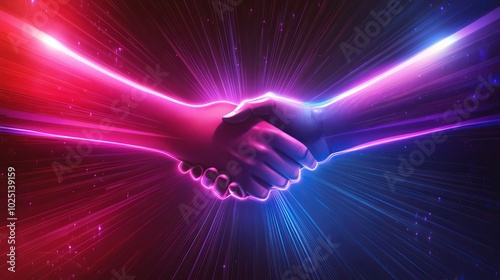 Handshake in Digital Futuristic Style: A Vector Illustration Representing Partnership, Collaboration, and Teamwork with Light Effects and Neon Accents