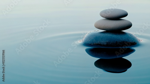 Round stones perfectly balanced on top of each other, surrounded by calm blue water.