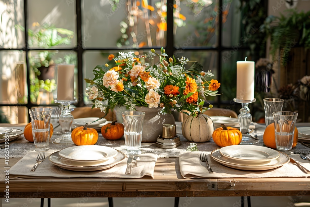 Elegant Autumn Table Setting with Floral Centerpiece and Pumpkins Elegant Autumn Table Setting with Floral Centerpiece and Pumpkins