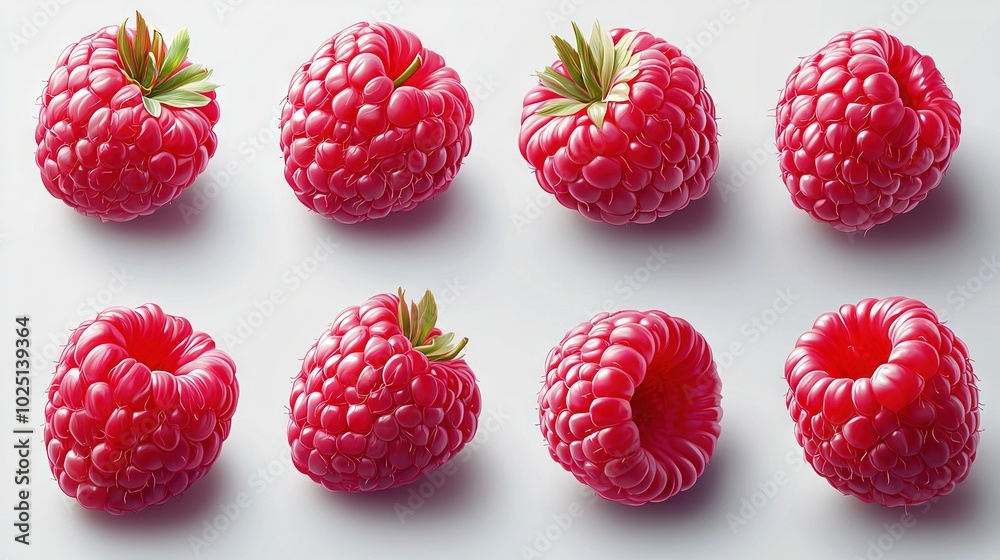 A cluster of red raspberries resting on a white background with a green foliage leaf above them A cluster of red raspberries resting on a white background with a green foliage leaf above them