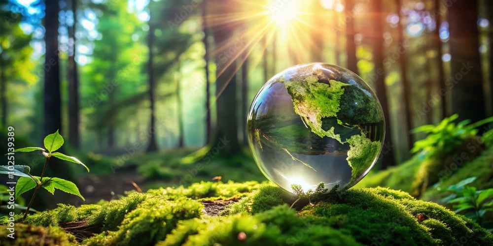 Eco-Friendly Globe Glass in Sunlit Green Forest Symbolizing Environmental Awareness and Nature Conservation Efforts
