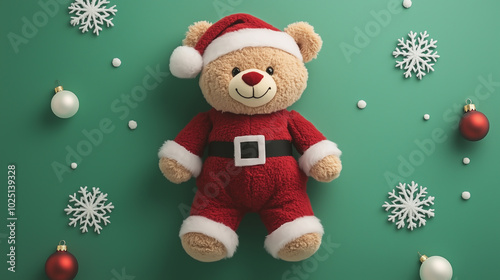 Christmas-themed teddy bear in a red Santa suit, green background with white snowflakes, product shot, soft shadows, vibrant colors, holiday decorations around