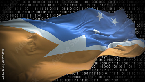 Binary code on flag of Tierra del Fuego Province (Argentina). Program source code or Hacker concept on Tierra del Fuego flag. Tierra del Fuego digital technology security, hacking or programming photo