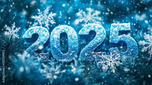 Frozen 2025: A frosty and festive New Year's Eve celebration. The year 2025 is depicted in icy blue, covered in sparkling snow, amidst a flurry of snowflakes. photo