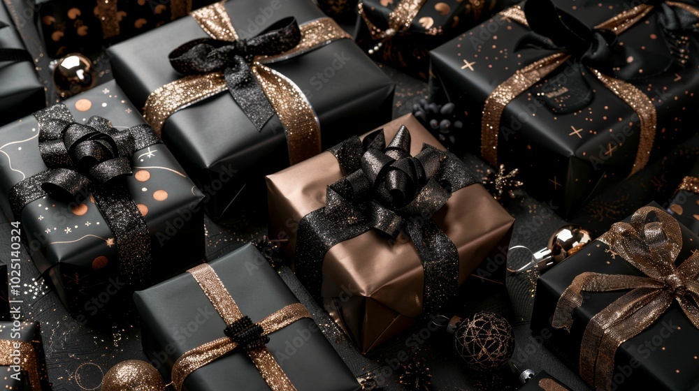 Elegant Black and Gold Wrapped Christmas Gifts with Bows