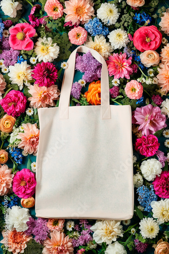 blank canvas tote bag with a bunch of flowers in the background, shopper mock up photo